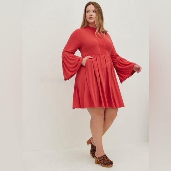 Torrid Coral Cranberry Mockneck Flutter Sleeve Skater Dress 1X Boho Bohemian - Picture 1 of 11
